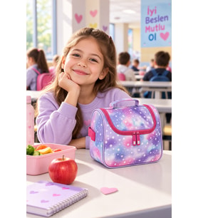 Minik Kalp Temalı Termal Isı Yalıtımlı Beslenme Çantası Çocuk Okul Lila Pembe 24x22x14 cm