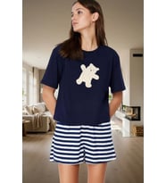 Kadın Çizgili Pamuklu Pijama Takımı Ayıcık Baskılı Rahat Yazlık Premium Kalite Kullanım (Lacivert)