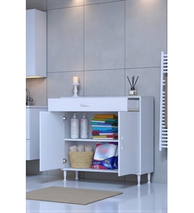 Eliusta Fre 100 cm Çok Amaçlı Dolap 1 Raflı Tek Çekmeceli Banyo Mutfak Dolabı 100x88x32,5 cm Organizer Dolap (Beyaz)