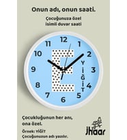 İsme Özel E Harfi Çocuk Odası Duvar Saati Orta Boy 30 cm Beyaz Camlı Sessiz