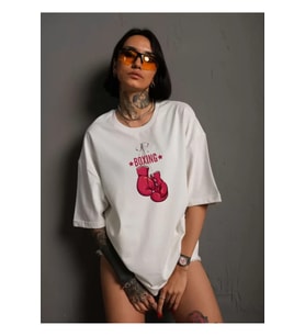 Unisex Bisiklet Yaka Baskılı Oversize T-Shirt - Beyaz