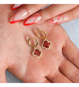 925 Ayar Gümüş Küpe, Garnet Küpe, Yonca Sallantı Küpe, Gümüş Garnet Küpe, Gümüş Sallantı Küpe (Gold)