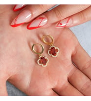 925 Ayar Gümüş Küpe, Garnet Küpe, Yonca Sallantı Küpe, Gümüş Garnet Küpe, Gümüş Sallantı Küpe (Gold)