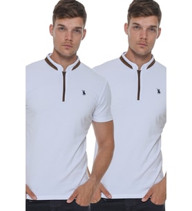 Dewberry Erkek Pamuklu Fermuarlı Tişört 2'li Set Beyaz-Beyaz T8571 Günlük Giyim, T-Shirt, Hafta Sonu Kombini