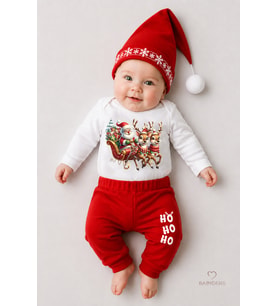 BABYDEN'S Bebek Yılbaşı Noel Kıyafeti 3’lü Takım,Noel Baskılı Uzun Kollu Body,Fitilli Pantolon,Ponponlu Şapka (Yılbaşı Kırmızısı)