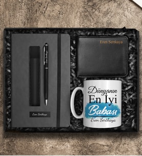 Babalar Gününe Özel Tasarım Kupa & Kişiye Özel Defter & Deri Kılıflı Touch Pen Kalem & Cüzdan Hediye Seti