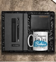 Babalar Gününe Özel Tasarım Kupa & Kişiye Özel Defter & Deri Kılıflı Touch Pen Kalem & Cüzdan Hediye Seti