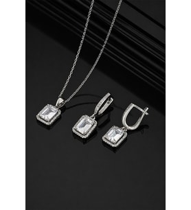 Gümüş Pazarım Dikdörtgen Taşlı Baget Taşlı Gümüş Set