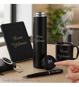 İsme Özel Premium Tasarım Erkek Kadın Hediye Seti - Dereceli Çelik Termos, Kupa Bardak, Defter, Kalem, Anahtarlık