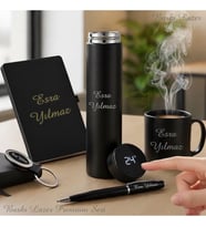 İsme Özel Premium Tasarım Erkek Kadın Hediye Seti - Dereceli Çelik Termos, Kupa Bardak, Defter, Kalem, Anahtarlık