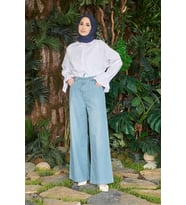 1123-Denim Bağcıklı Bol Paça Pantolon Açık Mavi