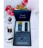 Kişiye Özel İsimli Çift Ateşli Lüks Çakmak & Kartlık & Anahtarlık 3 Lü Hediye Set Özel İsimli Kutulu