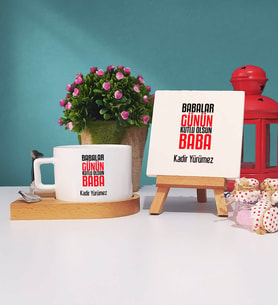 Babalar Günü Hediyesi -2- Ahşap Altlıklı Fincan ve Dekoratif Taş Baskı Hediye Seti