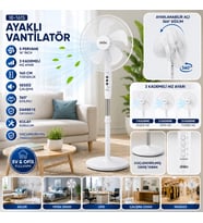 BEYAZ 5 PERVANE - 16 INC EV - OFİS KOMPAKT - SESSİZ - ÜÇ KADEME 140CM YÜKSEKLİK AYAKLI VANTİLATÖR SF-6789 (5343)