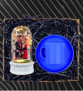 Kişiye Özel Işıklı Fotoğraflı Fanus ve Mavi Renkli Kahve Fincanı 100 ml
