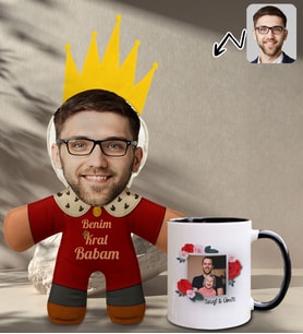 BK Gift Kişiye Özel Fotoğraflı Kral Babam Tasarımlı Bebek Yastık-1 & Siyah Kupa Bardak Hediye Seti-6, Babalar Günü Hediye, Babaya Hediye