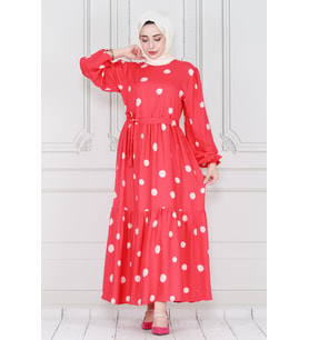 Puantiyeli Prenses Model Elbise-Fuşya