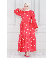 Puantiyeli Prenses Model Elbise-Fuşya