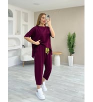 Kadın Kısa Kollu Bisiklet Yaka Viskon Iki Iplik Bluz Ve Pantolon Ikili Takım (Bordo)