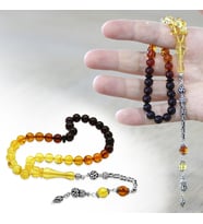 Damla Kehribar Tesbih - 925 Ayar Gümüş Kral Zincirli - Süzme Sarı Kırmızı Renk - Küre Kesim