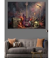 Kurukafa Ve Elektro Gitar Rock Dekoratif Kanvas - Mdf Ahşap Tablo