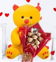 Premium 80 cm Peluş Ayı ve Romantik Balonlu Sütlü Kahve Peluş Ayıcık Buketi - Yılbaşı, Yeniyıl Hediyesi (Sarı)