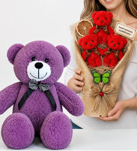 Kişiye Özel Peluş Ayıcık Buketi ve 50 cm Büyük Boy Mor Peluş Ayıcık Hediye Seti