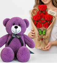 Kişiye Özel Peluş Ayıcık Buketi ve 50 cm Büyük Boy Mor Peluş Ayıcık Hediye Seti