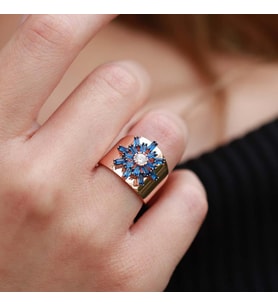 Mavi Kutup Yıldızı Zirkon Taşlı Rose Gold Kaplama Ayarlanabilir Gümüş Yüzük