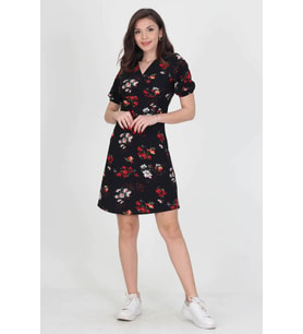 Kadın Kruvaze Yaka Çiçek Desenli Örme Krep Mini Elbise Nb10022