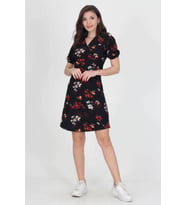 Kadın Kruvaze Yaka Çiçek Desenli Örme Krep Mini Elbise Nb10022