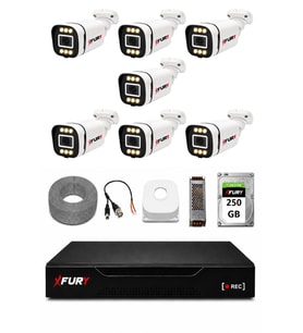 FURY 7 Kameralı 5MP Lens 1080P 6 Warm LED Renkli Gece Görüşlü Güvenlik Kamera Sistemi 250GB 1606