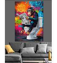 Klozette Gazete Okuyan Maymun Komik Pop Art Sanatı Dekoratif Kanvas - Mdf Ahşap Tablo