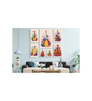 Müzik Aletleri GİTAR FİLÜT UD TEMBUR DEF SAZ Motifli Tasarımlı Duvar Dekoratif Mdf Ahşap Retro Poster Tablo SETİ