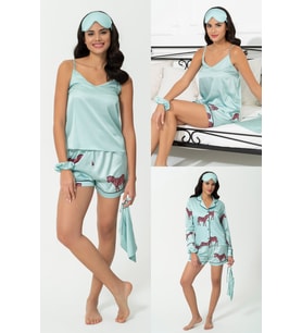 6'lı Zebra Desen Yeşil Saten Pijama Şort Takım