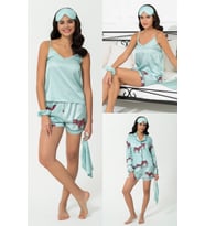 6'lı Zebra Desen Yeşil Saten Pijama Şort Takım