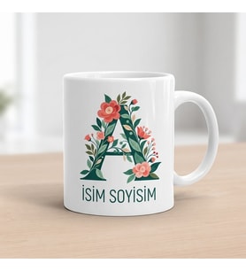 Kişiye Özel Baş Harf ve İsim Yazılı Çiçek Motiflili A Harfli Seramik Kupa Bardak