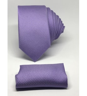 Lila Renk Mendilli Slim Fit Oxford Kuş Gözü Desen Kravat