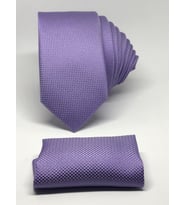 Lila Renk Mendilli Slim Fit Oxford Kuş Gözü Desen Kravat