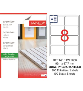 Tanex Lazer Etiket tw-2008 100 A4 Sayfa Laser Etiket 99,1x67,7 mm Boyutunda 1 A4 Sayfada 8 Etiket
