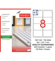 Tanex Lazer Etiket tw-2008 100 A4 Sayfa Laser Etiket 99,1x67,7 mm Boyutunda 1 A4 Sayfada 8 Etiket