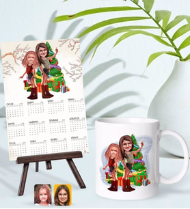 BK Gift Kişiye Özel Kız Kardeşler Yılbaşı Karikatürlü Kupa Bardak ve 13x18cm Fotoğraf Kartlı Şövaleli 2024 Takvim Hediye Seti-2