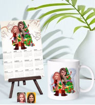 BK Gift Kişiye Özel Kız Kardeşler Yılbaşı Karikatürlü Kupa Bardak ve 13x18cm Fotoğraf Kartlı Şövaleli 2024 Takvim Hediye Seti-2