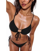 Angelsin Rib Dokulu Ön ve Yan Bağcık Detaylı İpli Brezilya Bikini Takımı (Siyah)
