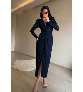 Neşeli butik kadın mavi bel büzgü detaylı yırtmaçlı midi boy abiye elbise NM027