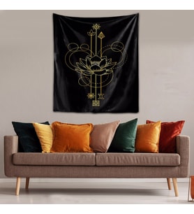 Yıkanabilir Leke Tutmaz Mikropetek Kumaş Lotus Yaşam Çiçeği Siyah Duvar Örtüsü Duvar Halısı Tapestry (Karışık)