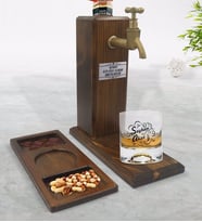 BK Gift Kişiye Özel İsimli Viski Bardağı & Musluklu Doğal Ahşap İçki Standı & Masif Ahşap Dikdörtgen Sunum Tabağı Çerezlik Hediye Seti-6