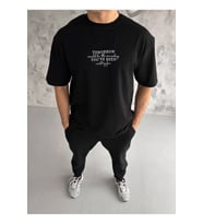 Unisex Bisiklet Yaka Baskılı Oversize T-Shirt - Siyah