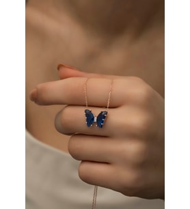 925 Ayar Gümüş Lacivert Zirkon Taşlı Kelebek Kolye