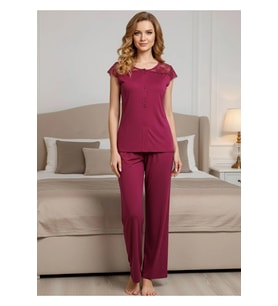 #PijamaTakımı Kaliteli Esnek Likralı Konforlu Şık Rahat Bayan Bordo Penye Pijama Takımı
